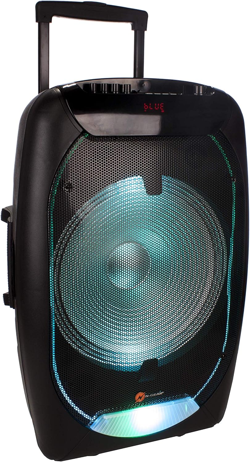 Front view of the N-Gear The Flash 1510 speaker with green LED lights illuminating the speaker grille.