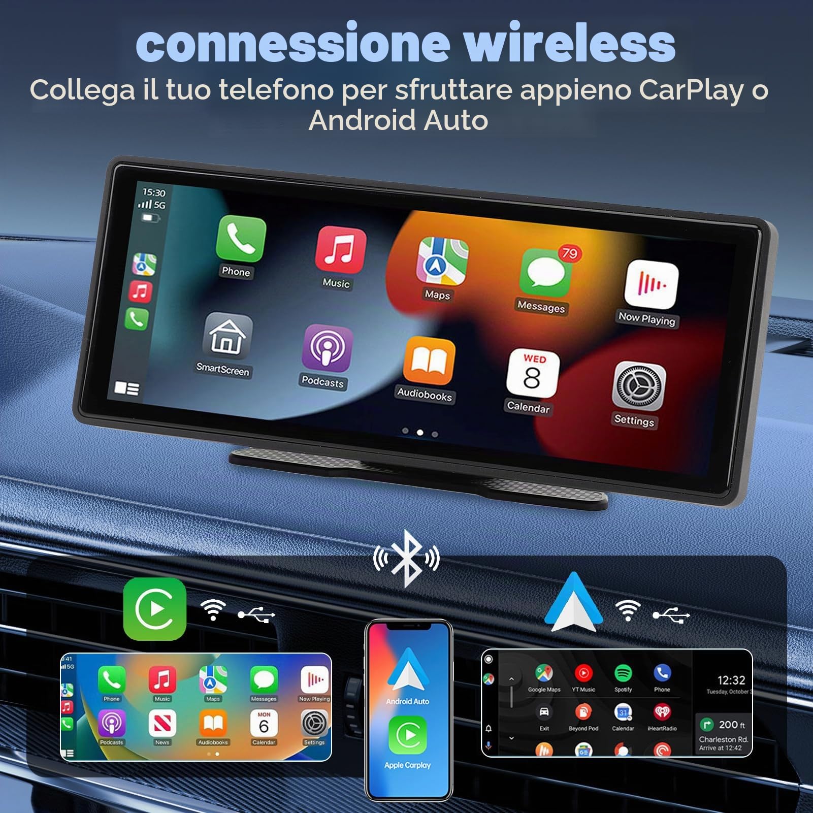 Pantalla Táctil Coche 10.26 Pulgadas, Navegación GPS, Estéreo Para Automóvil Compatibile con CarPlay, Android Auto, Bluetooth, Control por Voz, GPS, AUX y FM