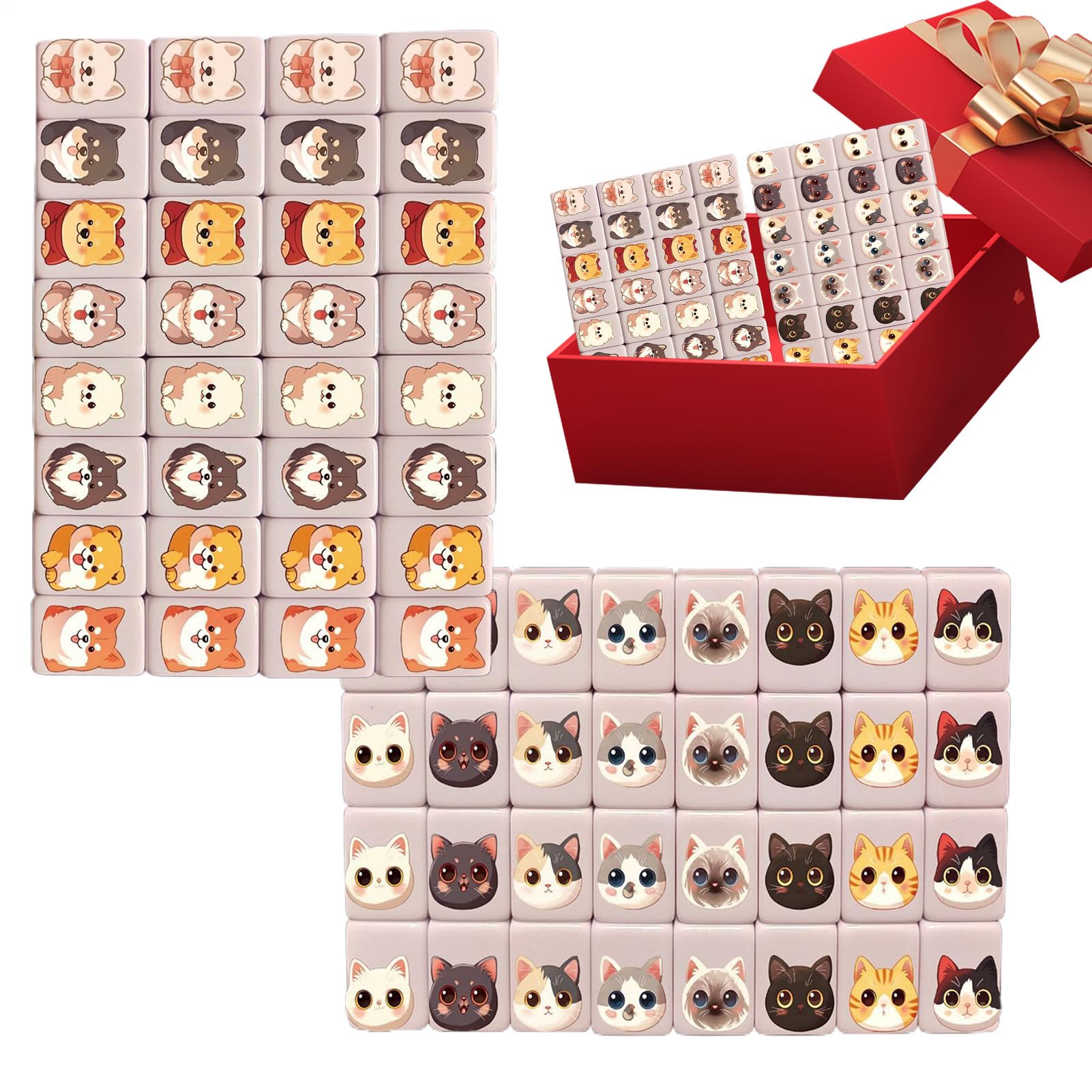 Generico Set Mahjong, Mini Gioco Mahjong con 64 tessere con bandiera nazionale/modello simpatico cane e gatto, gioco da tavolo per famiglie per feste e viaggi