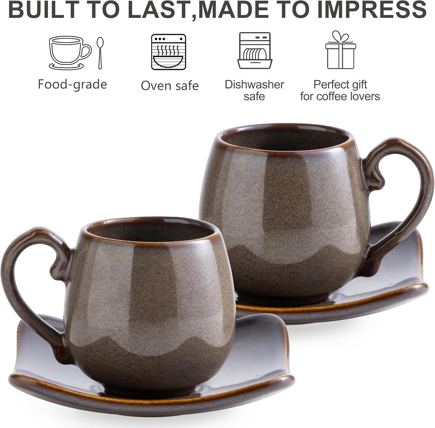 LYEOBOH 3oz Coffee Espresso Cups with Saucers Set of 6, Ceramic Small Coffee Cups with Holder and Spoons, Cute Demitasse Cups for Espresso, Latte, Mocha, Housewarming Gift - Farmhouse, Brown image 3