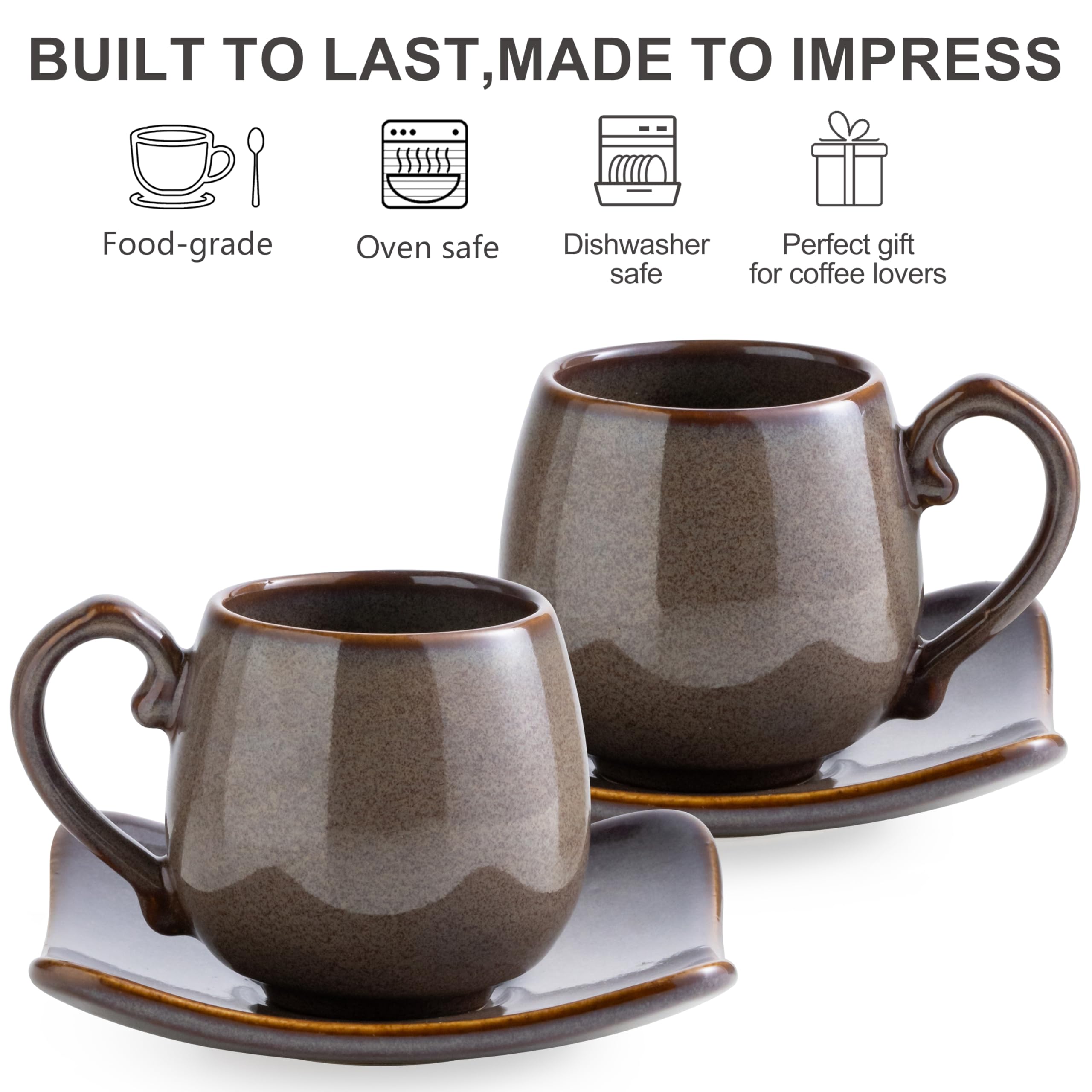 LYEOBOH Kaffee-Espressotassen mit Untertassen, Keramik, kleine Kaffeetassen mit Halter und Löffeln, süße Demitasse-Tassen für Espresso, Latte, Mokka, Einweihungsgeschenk, Bauernhaus, Braun