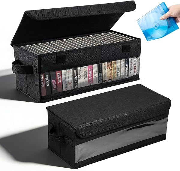 2 Pack CD Storage Boxes, DVD Storage Box with Cover and Window 14.2"x6.3"x5.5" CD Storage Case Holds 30 CDs in Full Jewel Cases 60 CDs in Slim Cases 170 Discs - 1