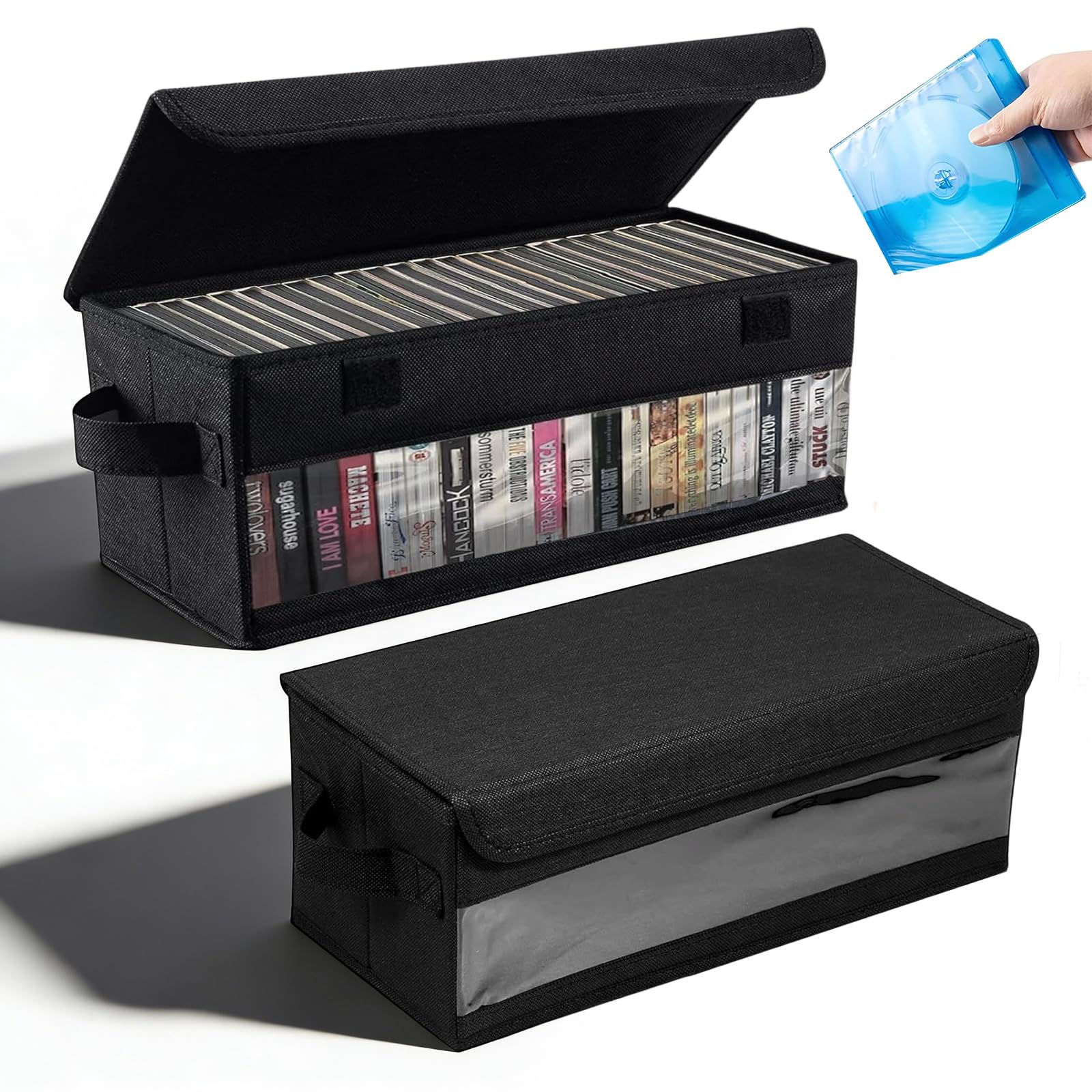 2 Pack CD Storage Boxes, DVD Storage Box with Cover and Window 14.2"x6.3"x5.5" CD Storage Case Holds 30 CDs in Full Jewel Cases 60 CDs in Slim Cases 170 Discs