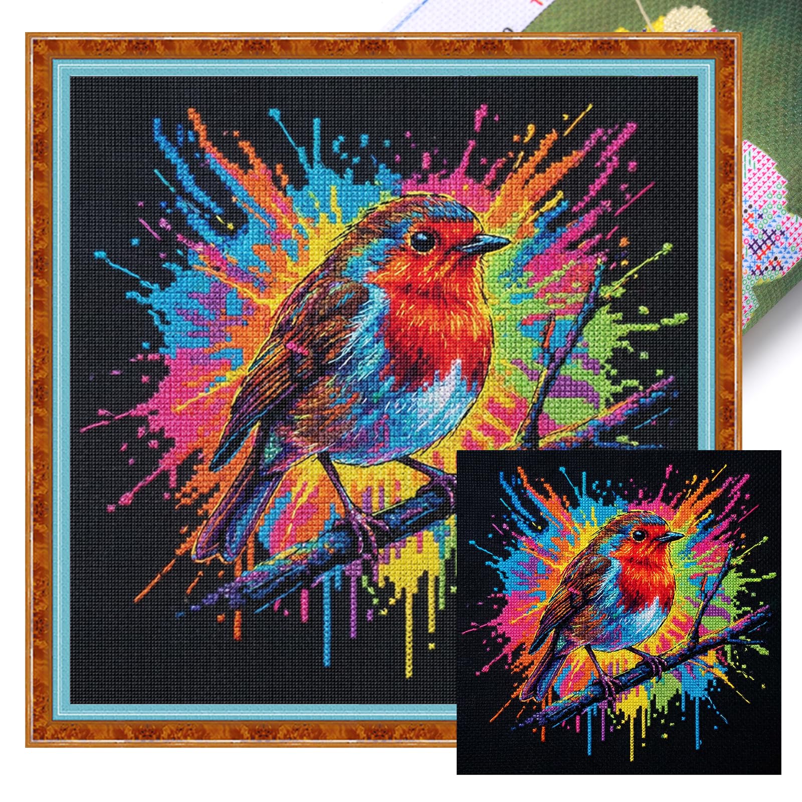 Poetrydraw Colorful Splash Robin Full 14Ct Diy Stamped Embroidery Needlepoint Starter Kits 11.81X11.81inch Cross Stitch Art And Crafts Kits For Beginners Adults Home Decor (Colorful Splash Robin)