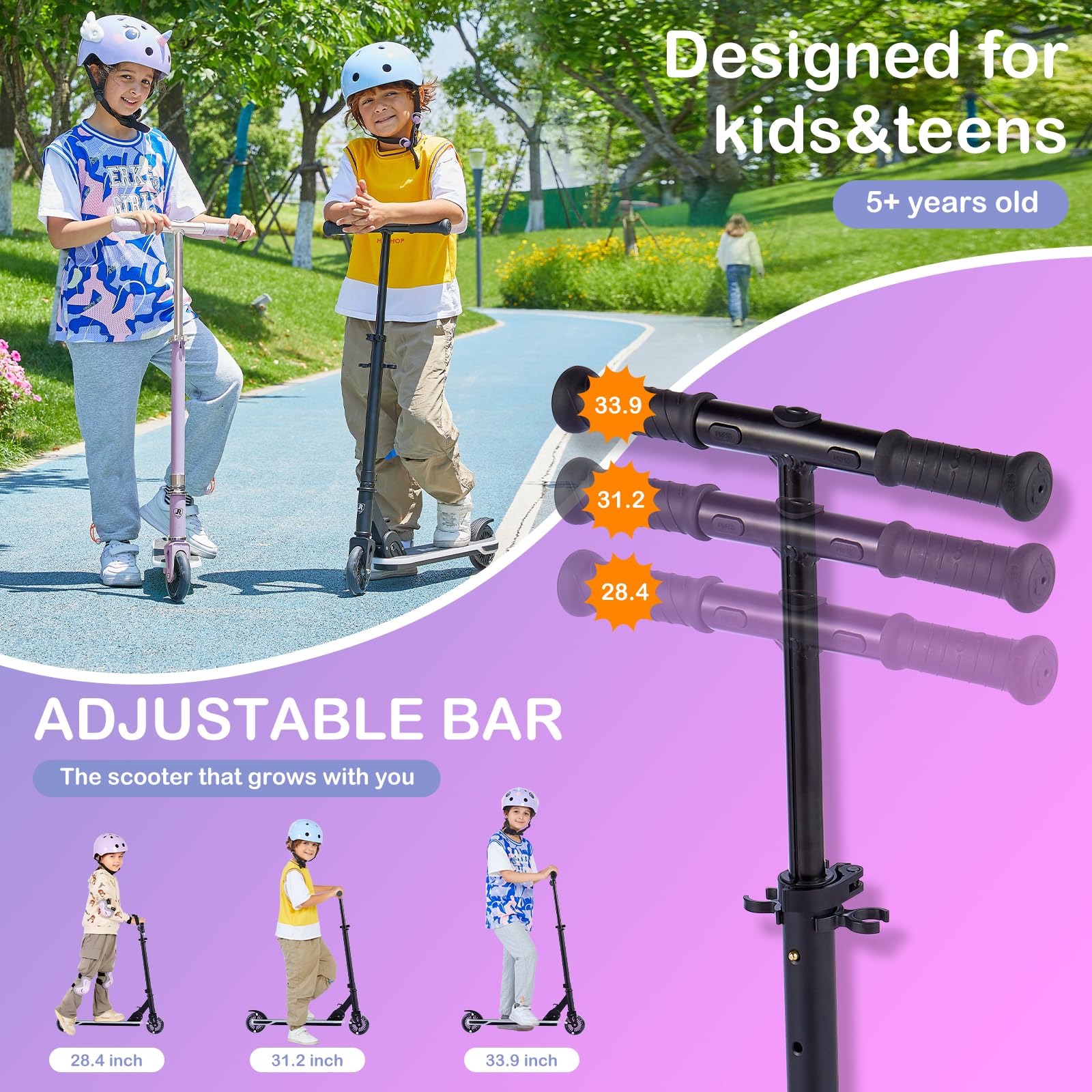 Patinete para edades de 5 a 12 años, niños, adolescentes. Carga máxima de 155 libras. Plegable, ligero, con ruedas iluminadas y cubierta de luz dinámica, adolescentes y adultos, 3 niveles 3