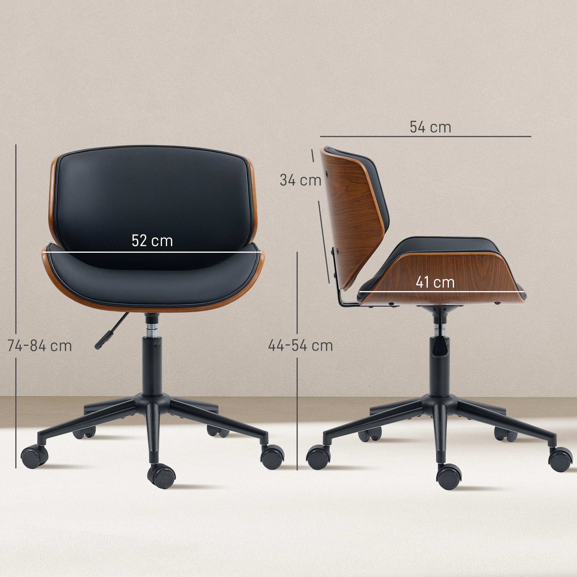 HOMCOM Silla de Oficina sin Brazos Vintage Giratoria Negro y Marrón | Silla de Escritorio, Tapizada en PU, Madera Curvada, Altura Ajustable, Respaldo Curvado