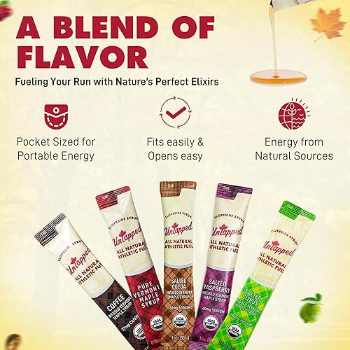 Miniatura 4 de UnTapped Paquete de 20 geles energéticos de jarabe de arce, 5 sabores totalmente naturales, incluyendo café, frambuesa, arce puro, cítricos y cacao,