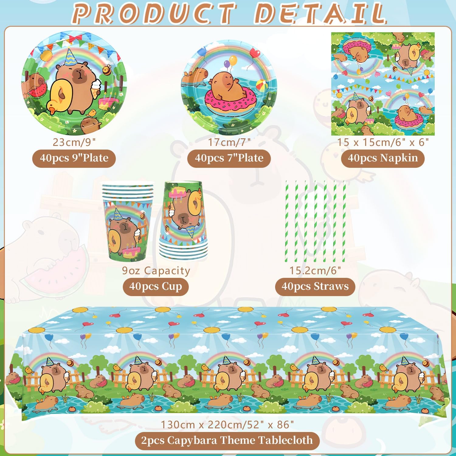 KEFAN Capybara Birthday Party Decorations, Capybara Theme Party Tableware Supplies including Plates, Cups, Napkins, Tablecloth (40)