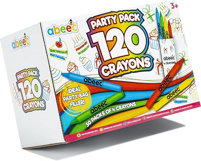 abeec Party Pack of 120 Crayons 30 Packs of 4 Crayons Containing Colours Red, Blue Green and Yellow - Assorted Wax Crayons for Kids Art and Crafts Supplies for Kids