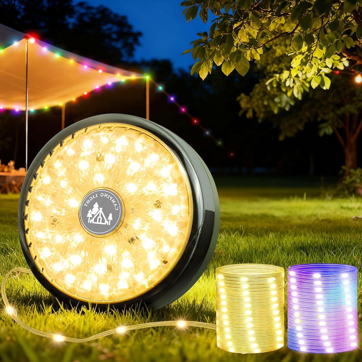 Camping String Lights, 32.8ft Retractable RGB Tent String Lights, Rechargeable LED Hanging Tent Lantern, Portable Twinkle Camp Lamp for Outdoor Backyard Patio Awning Canopy RV Essentials, Green