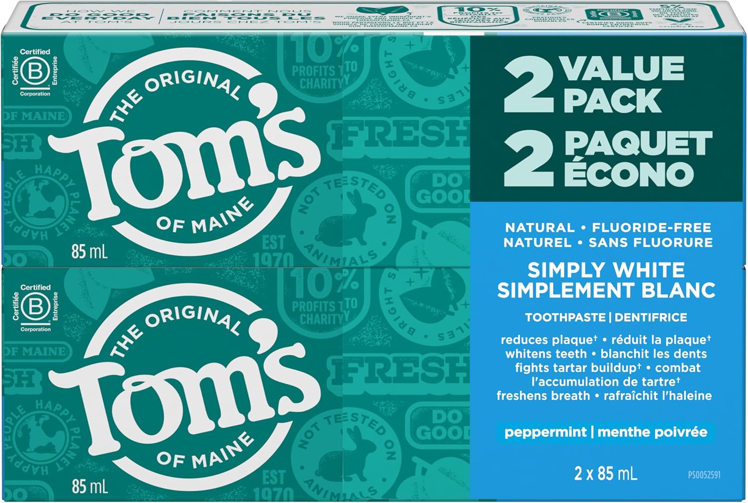 Tom's of Maine Simply White - Refreshing Peppermint - Fluoride-Free Natural Whitening Toothpaste Fights Tarter and Plaque to Whiten Teeth Naturally - 2 Pack, 85 mL