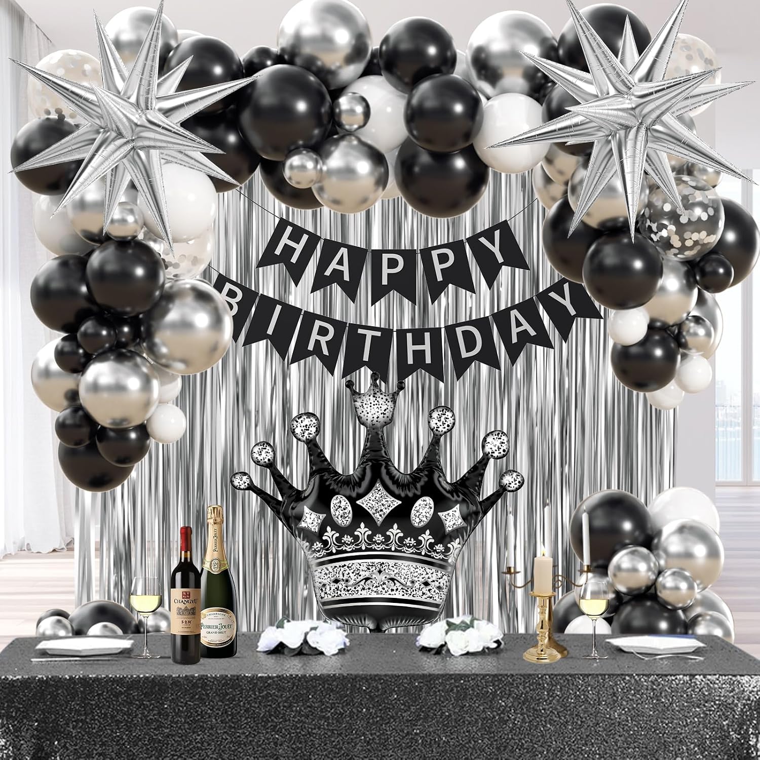 Black Birthday Decorations for Men with White Black and silver Balloons Banner Metallic Silver Fringe Curtain for 21st 25th 27th 30th 35th 40th 50th 60th Men Birthday Decorations