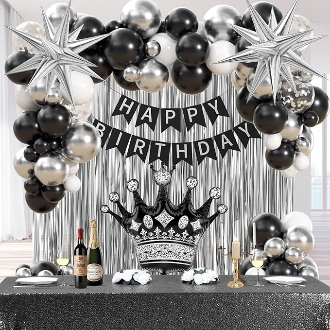 Kit Decoracion Fiesta Negro Plateado Globos Cortina miniatura 8