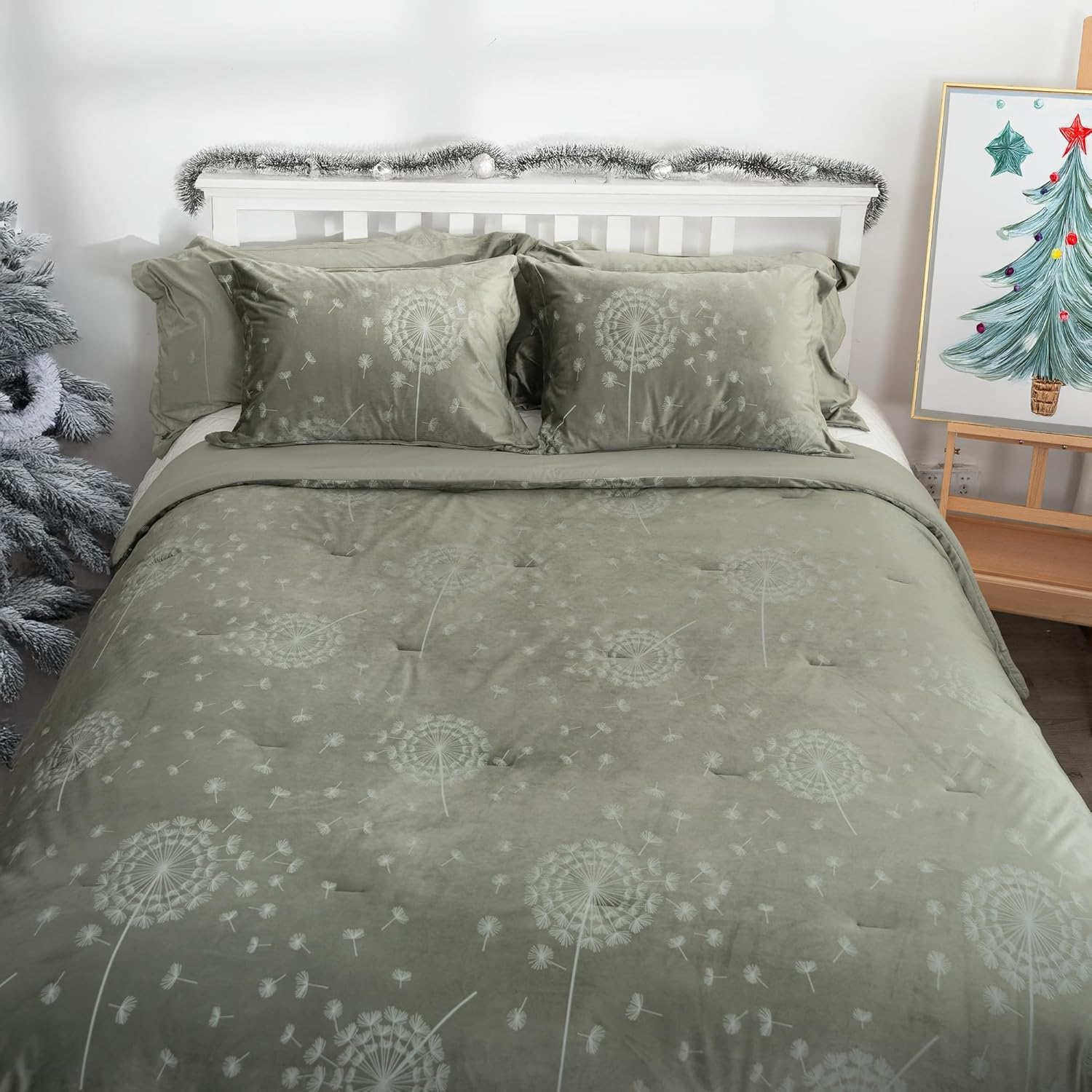 Comforter Set Queen Size, Green Velvet Comforter with Soft Brushed Microfiber Reverse, All Season Cozy Velvet Bedding Sets, Fluffy Comforter Bed Set Matching 2 Pillowcase, CS-QV1-OL
