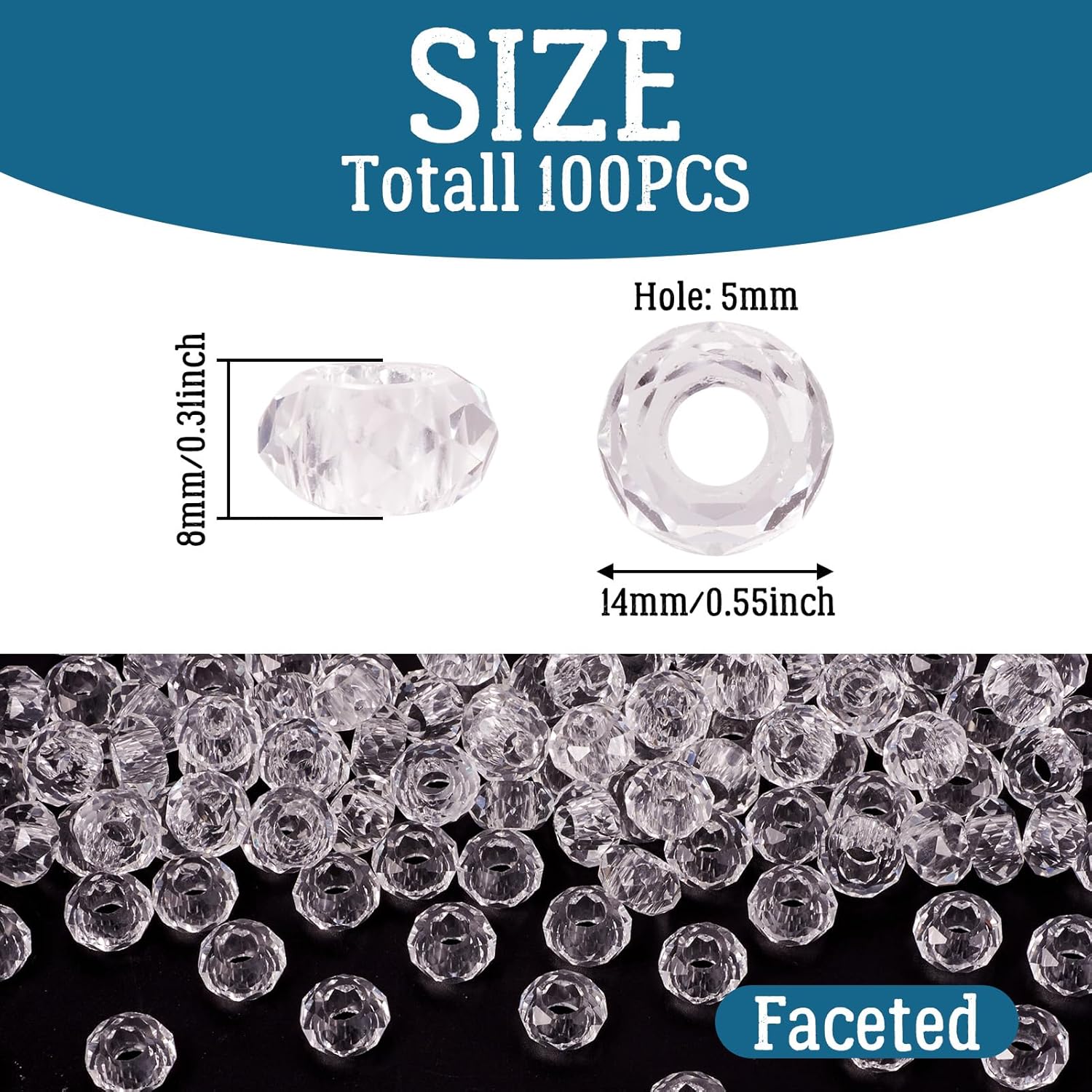 KISSITTY 100pcs Clear Glass Faceted European Beads Bulk Crystal Large Hole Loose Spacer Beads Rondelle Bead Slide Charms No Metal Core 14x8mm for DIY Bracelet Necklace Jewelry Crafts Making Hole:5mm - Image 5