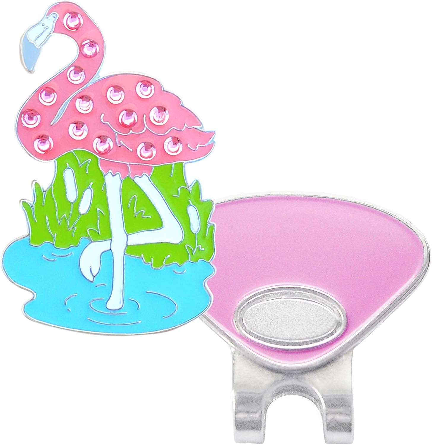 NAVIKA Pink Flamingo Golf Ball Marker with Hat/Visor Clip Made with Austrian Crystals | Flamingo Themed Accessory for Junior or Women Golfers | Bling Golfing Gift | Tropical/Island Themed Marker