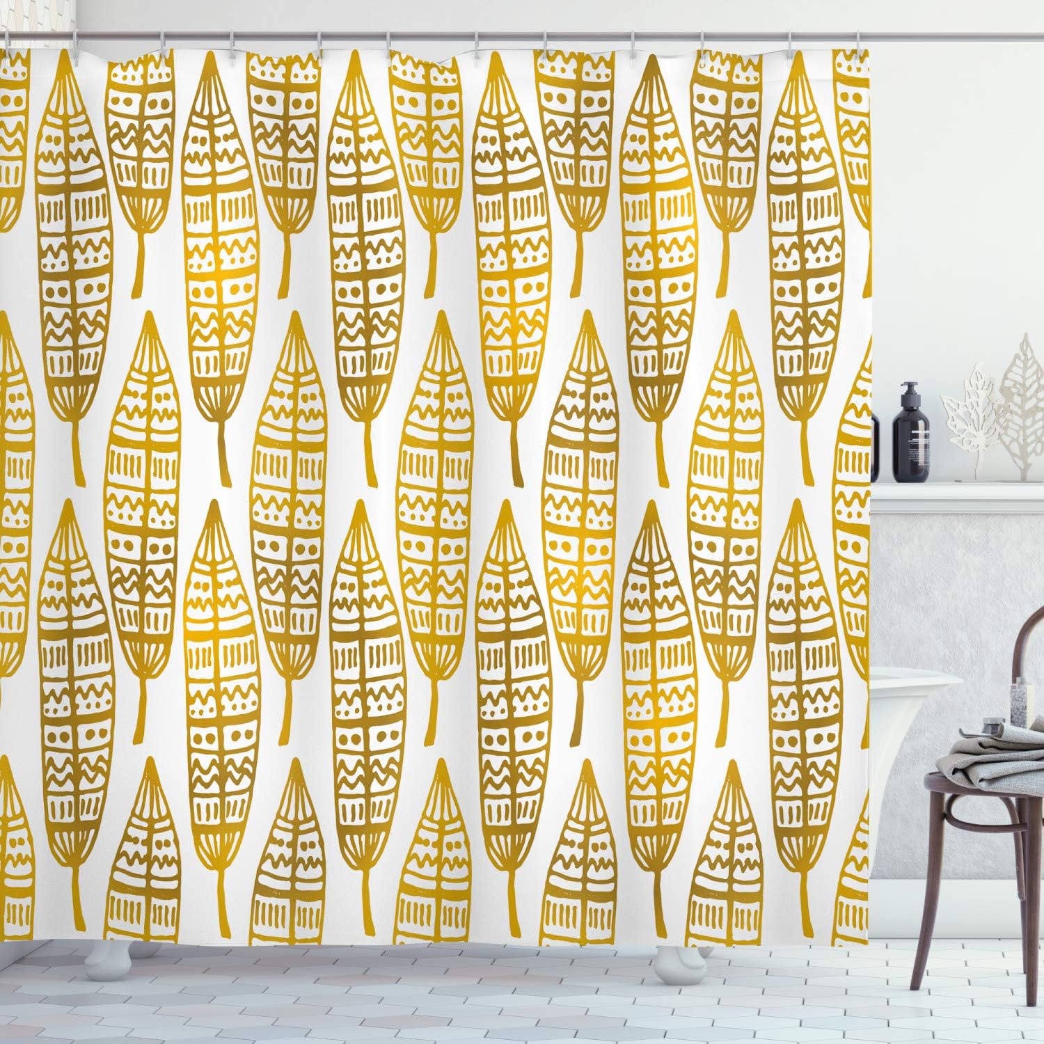 Ambesonne Feather Shower Curtain, Detailed Inspired Boho Art Print, Cloth Fabric Bathroom Decor Set with Hooks, 69" W x 84" L, Amber Marigold and White