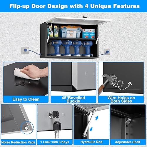 Miniatura 6 de Armario de pared de metal con puerta abatible, armarios de almacenamiento de garaje con estante ajustable, gabinete de bloqueo montado en la pared