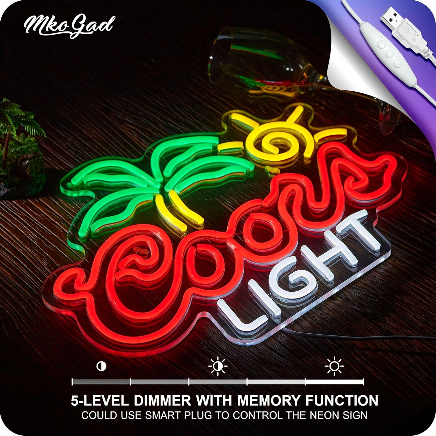 Plam Tree Crs Light Neon Signs for Wall Decor Beer LED Lights for Man Cave Bar Signs with Dimmer for Bar Pub Restaurant Store Party Gift Led Art Wall Decor, 5V USB Powered , 17*13 Inch (Red green yellow)