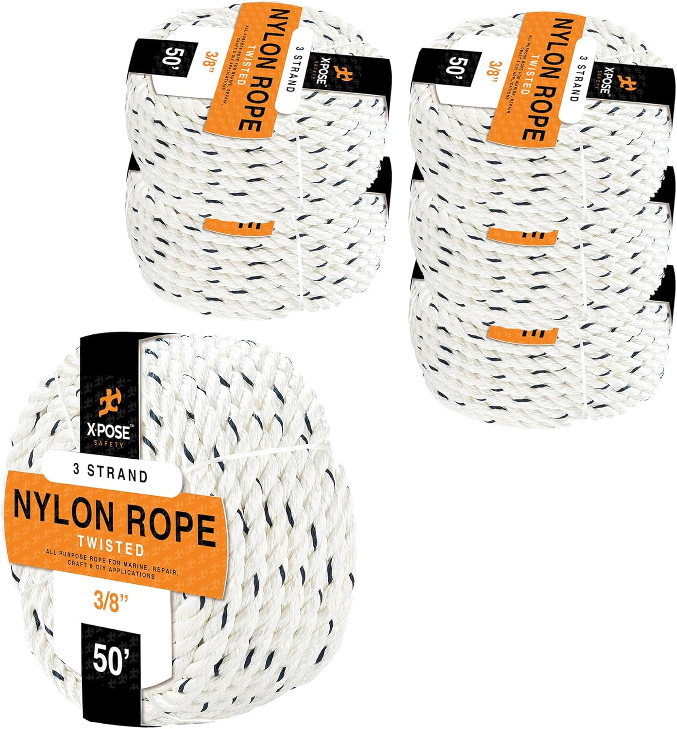 Nylon Poly Rope - Polyester & Nylon - Up to 10x Stronger Compared Natural Fiber or Polypropylene Rope - 3 Strand Braided - Low Stretch Indoor/Outdoor Cord Line (White - Pack of 6, 3/8" 50 Ft)