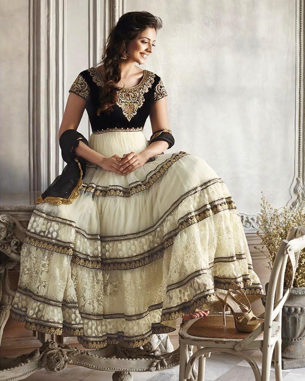 Designer Salwar Suit Off White with Black Color Anarkali Suit/Salwar Kameez.