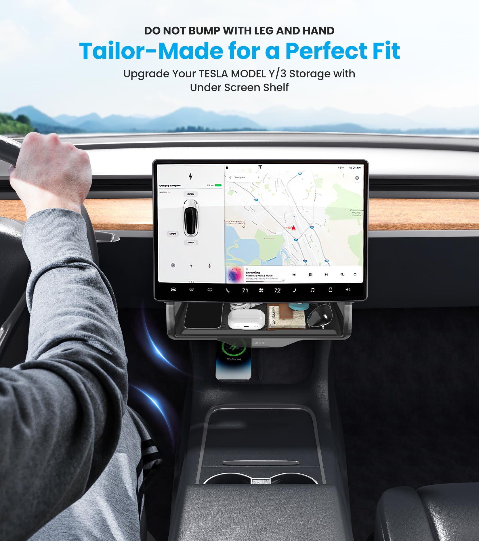 Scatola portaoggetti nascosta sotto lo schermo per Tesla, organizer per console centrale con cuscinetto in silicone antiscivolo nero Accessori per Tesla Model Y Model 3 2023 2022 2021 Vassoio