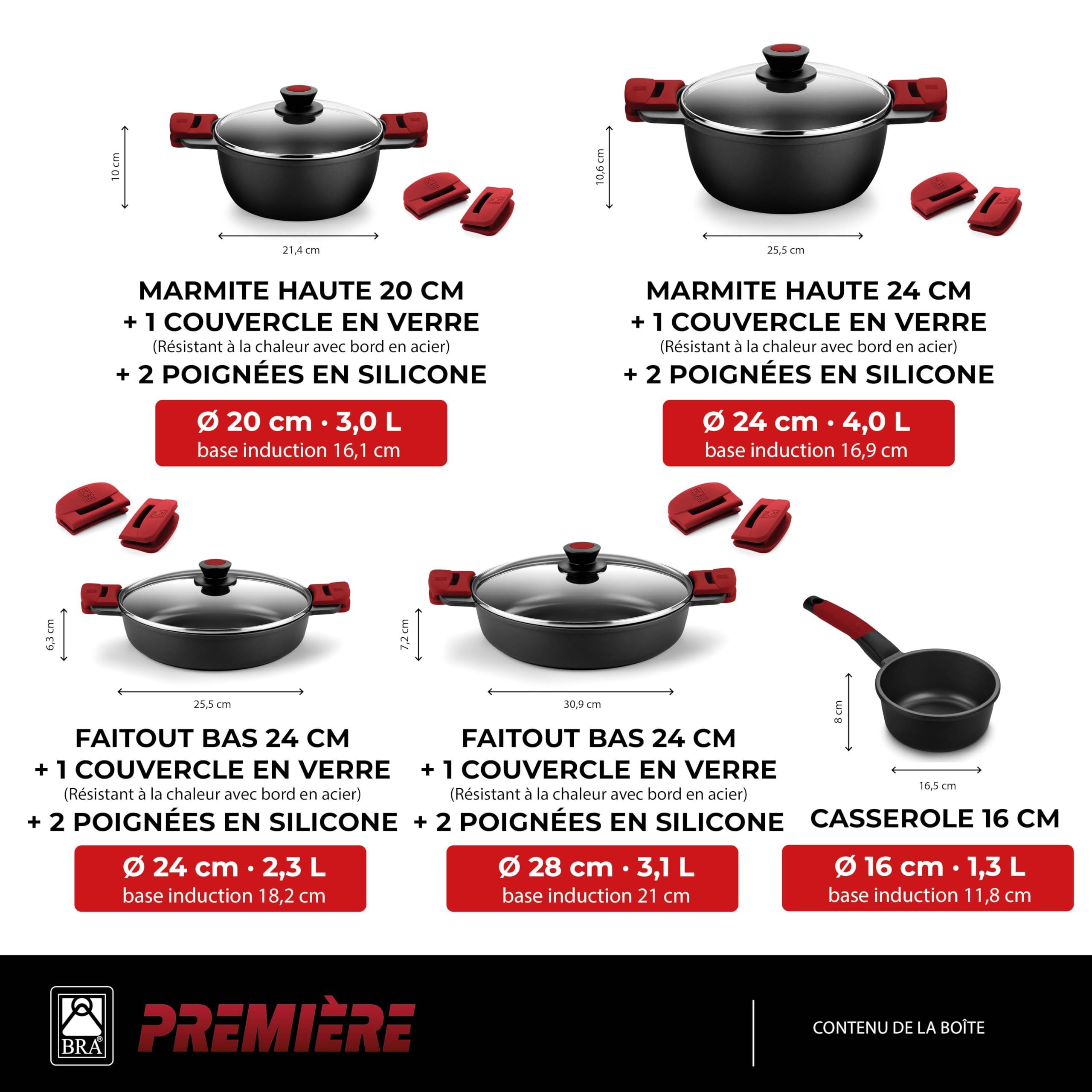 BRA Premiere | Batterie de Cuisine de 9 Pièces | Comprend des Poignées Détachables, Sans PFOA, Adaptée à Tous Types de Cuisinières et Four, Antiadhésif