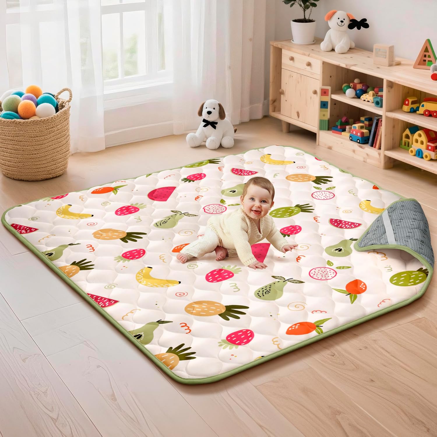 PIGLOG Baby Play Mat for Floor, 50x50 Playpen Mat, 0.8-Inch Thick Foam Playmat for Baby, Non-Slip & Machine Washable Soft Baby Crawling Mats for Infants Toddlers Nursery Playpen (Fruit, Yellow)