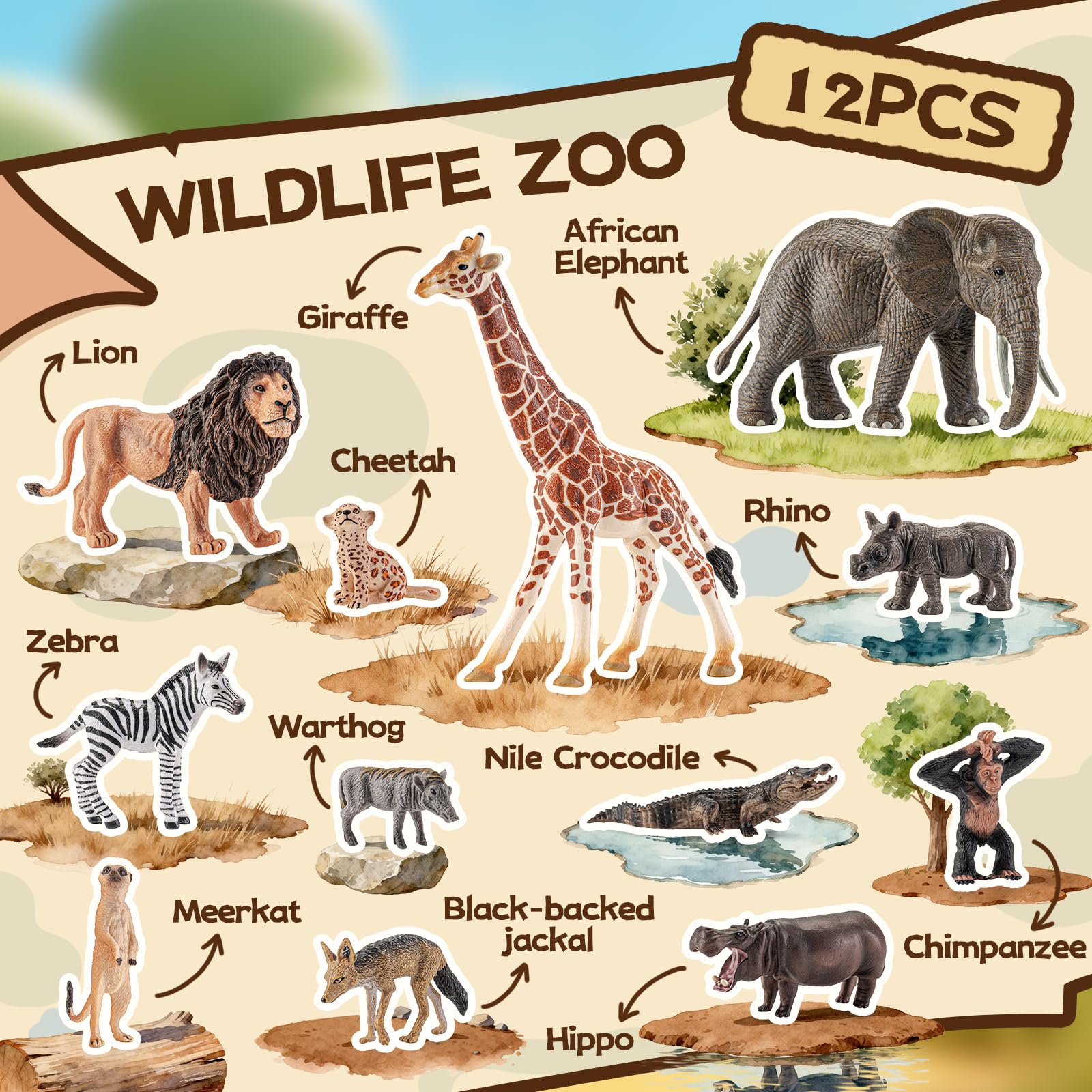 Juego de 12 cifras de animales de safari, cifras realistas de animales salvajes africanos, juguetes educativos de animales zoológicos, recuerdos de fiesta, accesorios de aula, adornos de