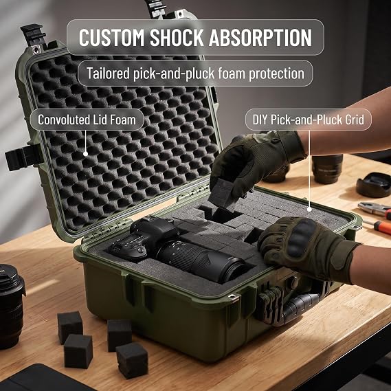 MEIJIA All Weather IP67 Waterproof Hard Protective Case, Hard Camera Case,Hard Case with Customizable Foam, Protection of Camera, Drones, Pistols, Equipments (Green, 19.78x15.77x7.41)
