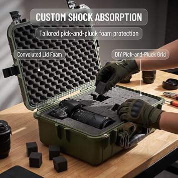 MEIJIA All Weather IP67 Waterproof Hard Protective Case, Hard Camera Case,Hard Case with Customizable Foam, Protection of Camera, Drones, Pistols, Equipments (Green, 19.78x15.77x7.41)