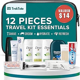 Trektote 12 Piece Men’s Travel Hygiene Kit with Toiletries & Grooming Essentials, TSA-Compliant, Clear Cosmetic Bag - Single or Bulk Packs