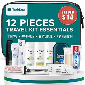 Trektote 12 Piece Mens Travel Hygiene Kit with Toiletries Grooming Essentials TSA-Compliant Clear Cosmetic Bag - Single or