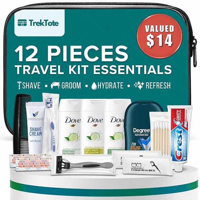 Trektote 12 Piece Mens Travel Hygiene Kit with Toiletries Grooming Essentials TSA-Compliant Clear Cosmetic Bag - Single or