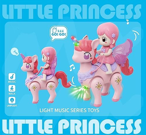 Musical Unicorn Baby Crawling Toys, Walking Interactive Action Infant Light up Toy,with Detachable Princess Doll，Tummy Time Toddle Development Learning Birthday Gift for boy and Girl