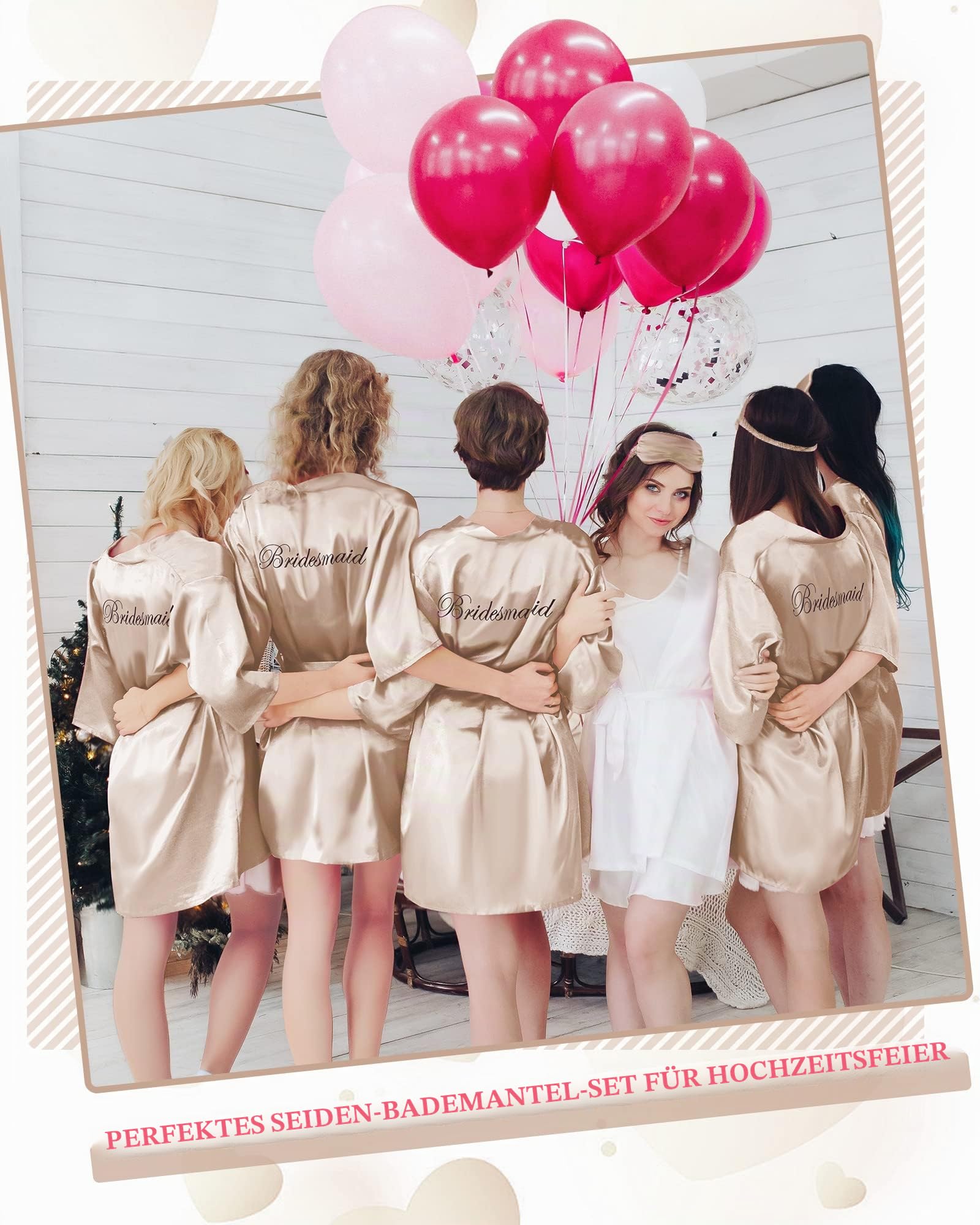 Jecery 7 Stück Brautjungfer Robe Sets Braut Seide Satin Roben Braut Party Roben mit Schlaf-Augenmaske und elastischem Stirnband Sets