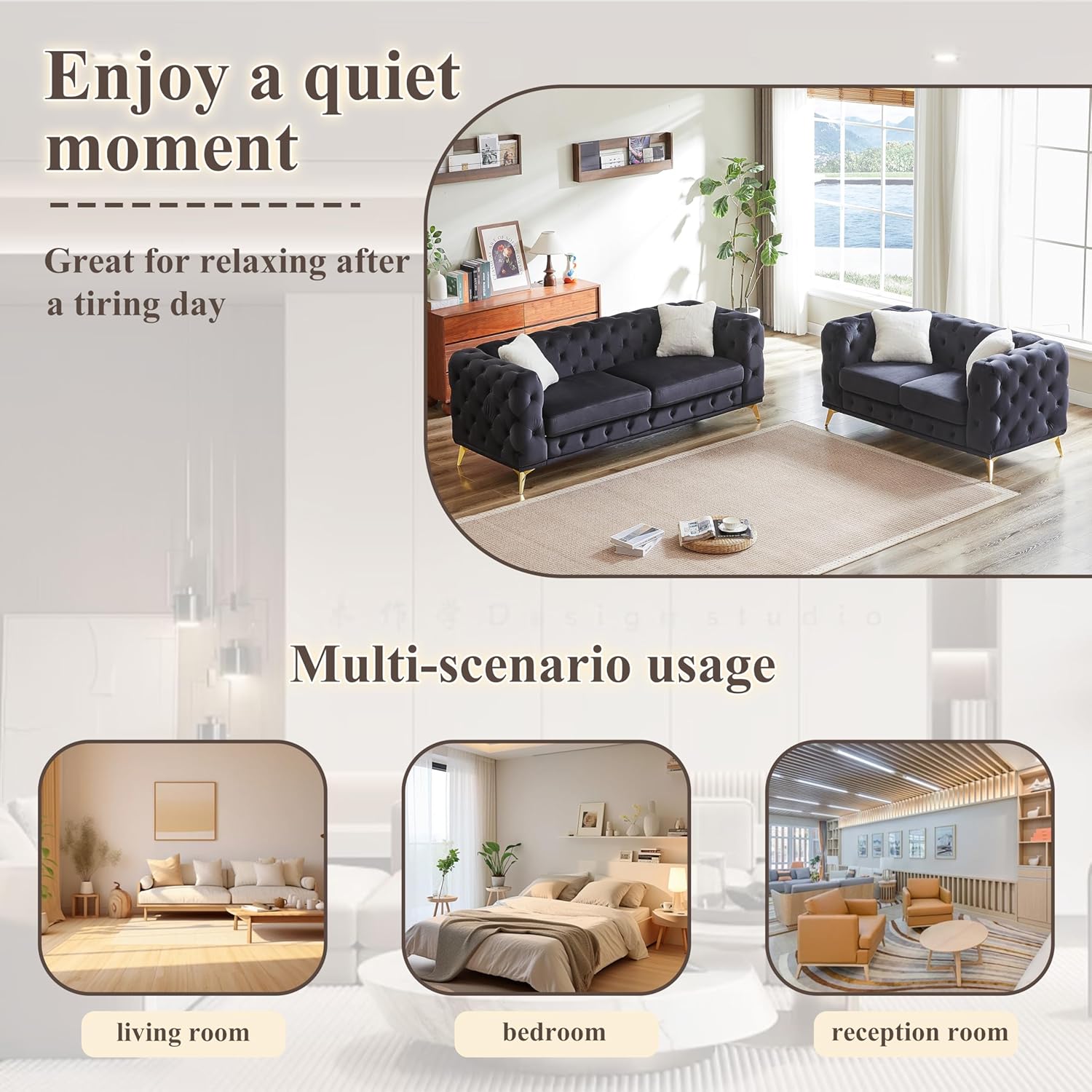 2 Piece Chesterfield Velvet Combination Sofa for Living Room,82.5" 3-Seater and 61.25" Loveseat Sofa Set with 4 Pillows and Metal Feet for Apartment Office