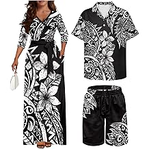 Polynesian Couples Matching Outfits Puletasi Samoan Dress and Shirt Shorts Set for Women Men