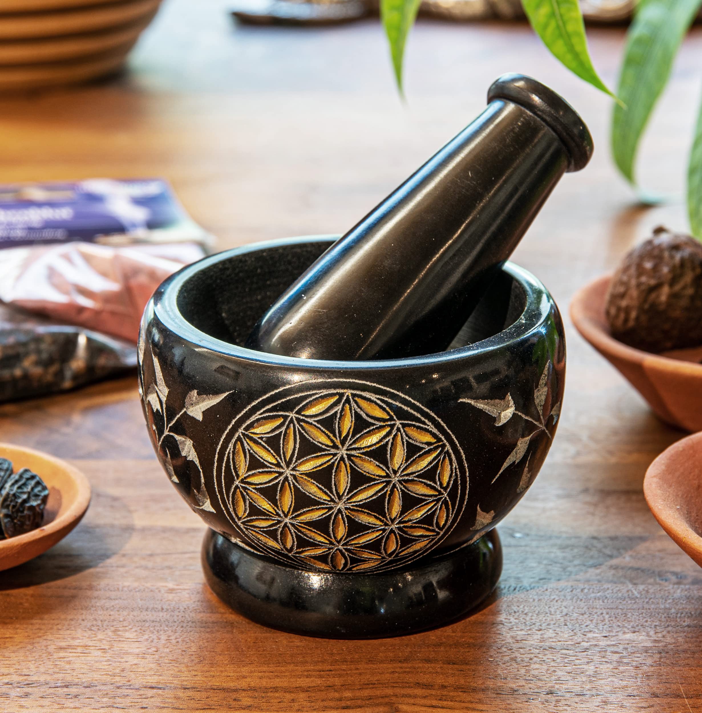 Mortaio E Pestello In Pietra Ollare - 8x7 Cm, Con Fiore Della Vita, Per Erbe, Spezie E Incensi