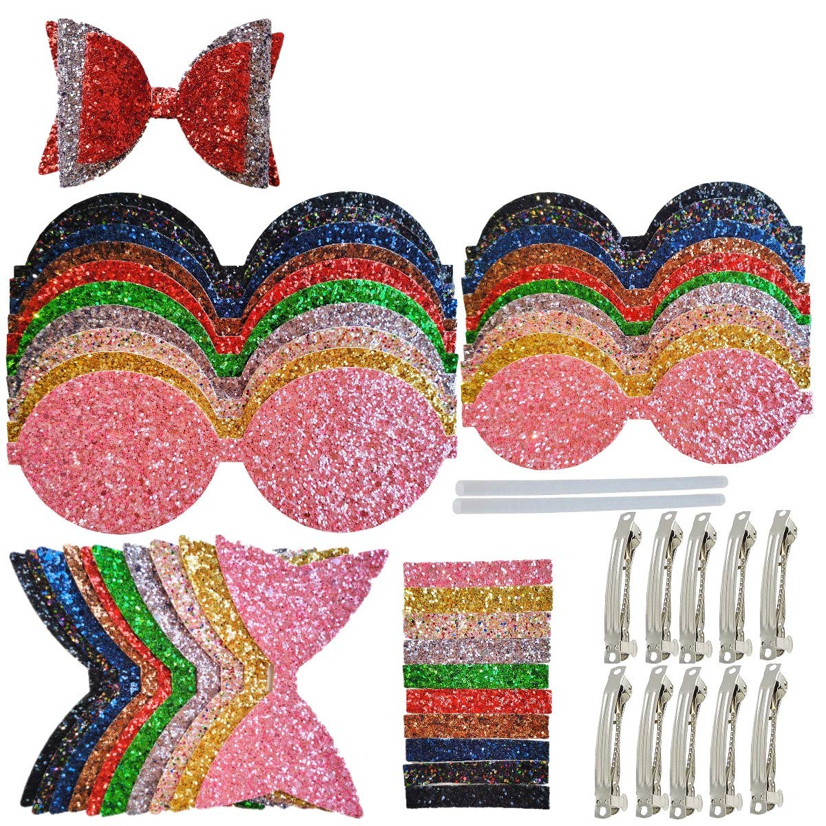 AOUXSEEM Faux Leather Hair Bows DIY Making Kit with Pre Cut Pieces and Hair Clips,Make Fashionable Shiny Hair Clips for Girls Lady Woman(Large Size,10 Set)