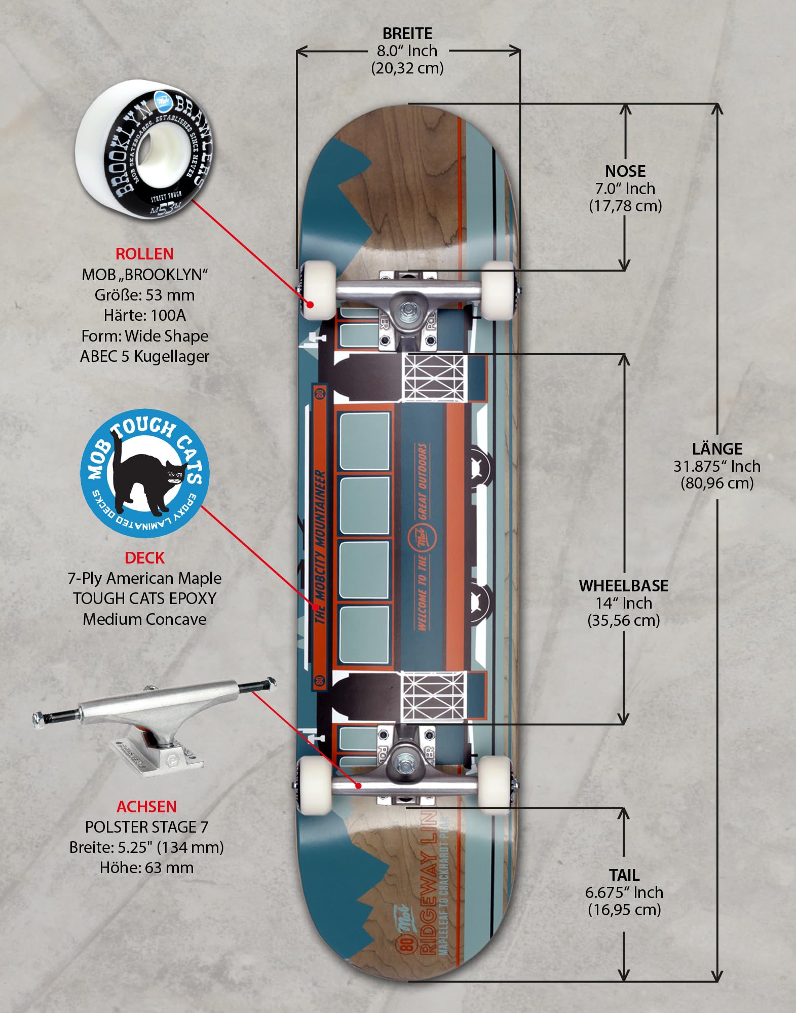 Mob Skateboard Ridgeway 8.0 Complete – Skateboard complet 31,875 x 8" – Planche en bois d'érable – Prêt à l'emploi – Skateboard débutant et professionnel pour adolescents, adultes – Wagon avec