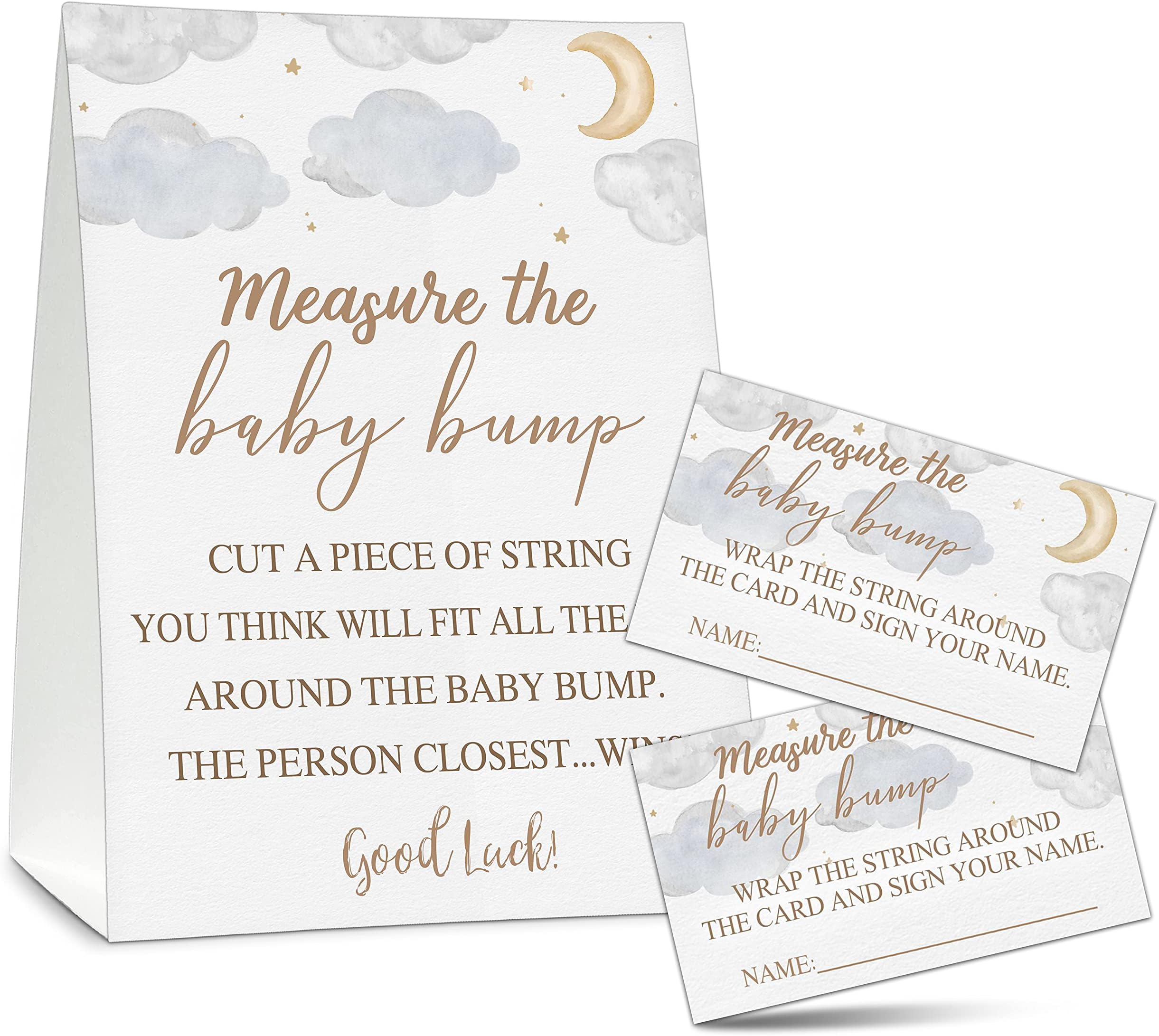 TIOFUNO Measure the Baby Bump Baby Shower Game Set, 1 Standing Sign with 50 Guessing Cards, Over the Moon Gender Reveal Party Decorations Supplies - B33