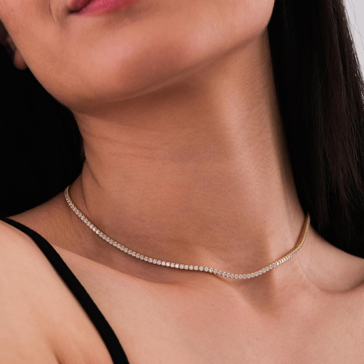 MIONZA 18K Gold Vermeil 2mm Simulated Tennis Necklace for Women, Tennis Chain Choker Chunky Long Necklace Birthday Gift for Her
