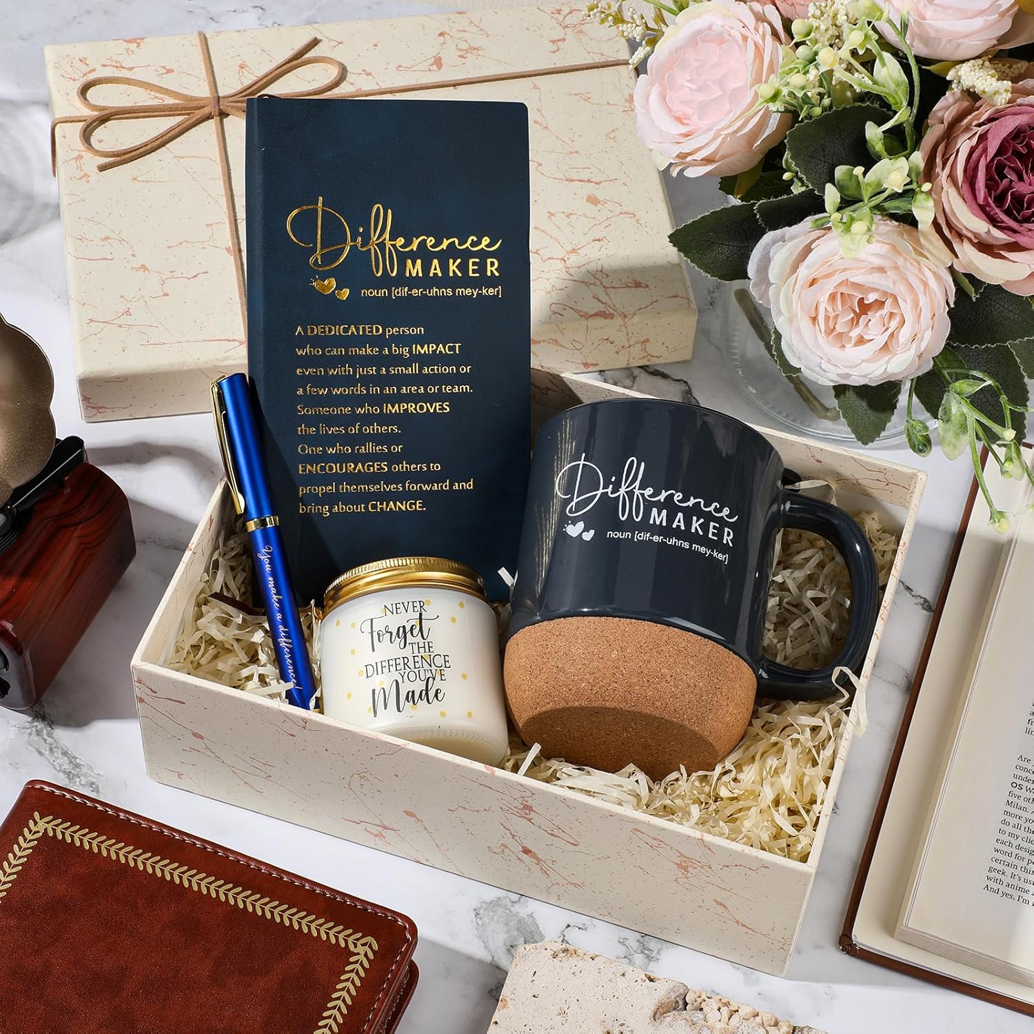 Vesici 4 Pcs Difference Maker Gift for Women Men Difference Maker Mug Notebook Candle Motivational Pen Employee Appreciation Gift for Volunteer Paraprofessional Coworker Secretary(Navy Blue,Word)