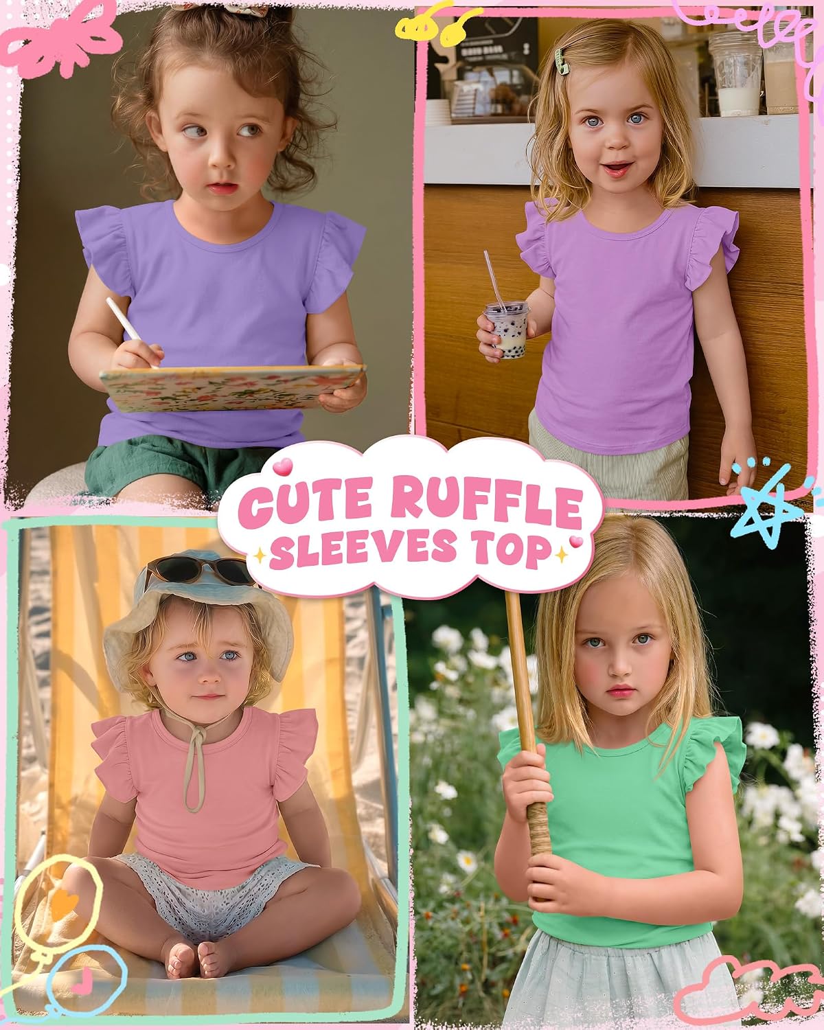 4 Pack Baby Girls' Shirts Ruffle Cotton Toddler Tank Tops Short Sleeve Basic Cute Tees Summer Casual Clothes 18M-5T