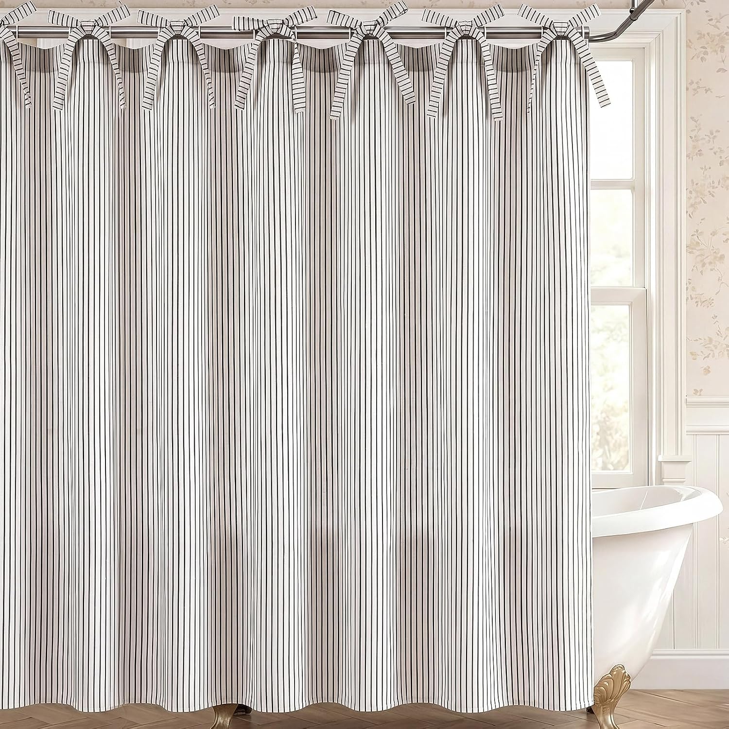Fanfanwin Black Striped Shower Curtain, 72x72'' Linen Blend Tie-top