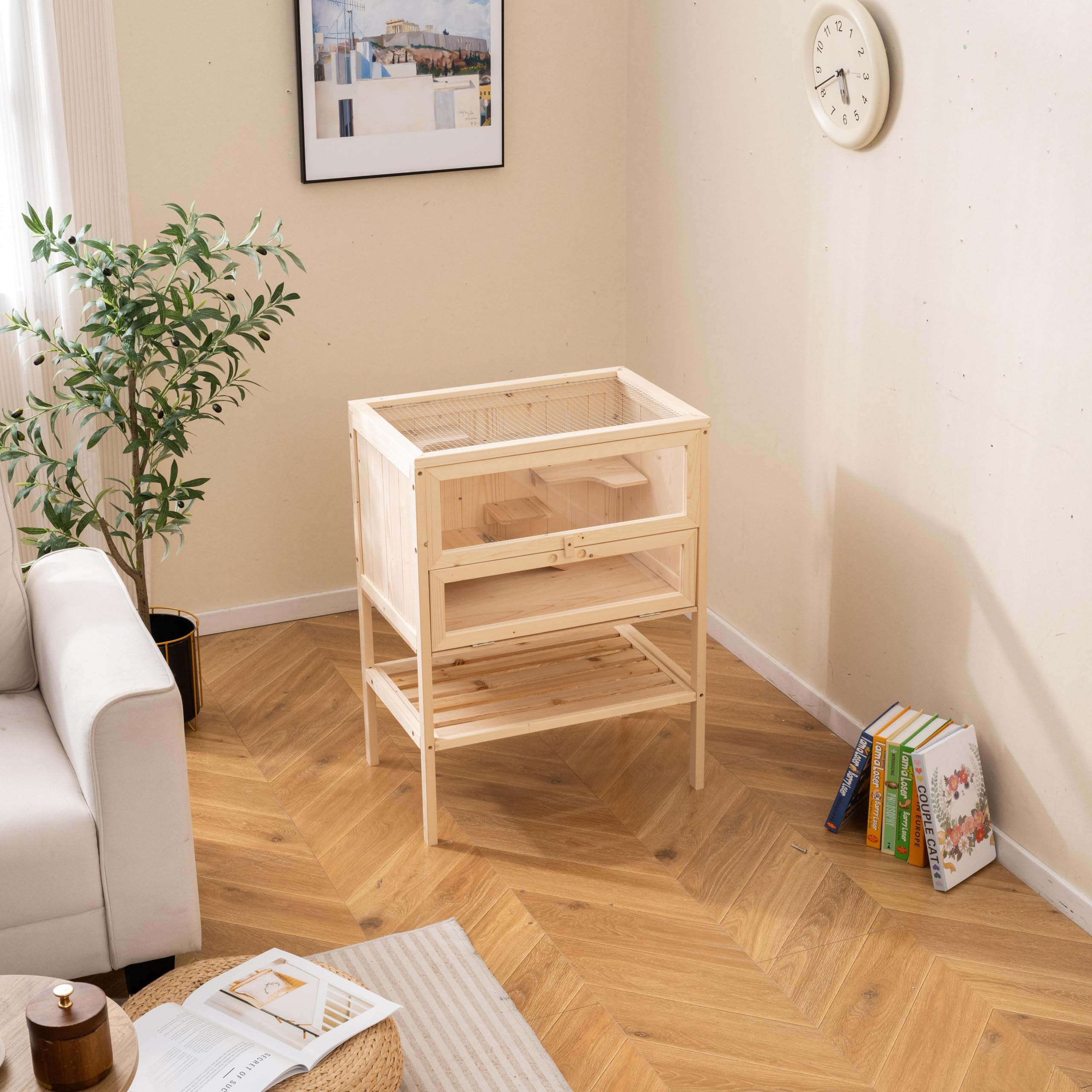 COSTWAY Jaula para Hámster de Madera, Hábitat con Techo Abatible de Malla, Puerta de Acrílico Bloqueable, Estante Inferior, Escaleras y Plataformas, Espacio Amplio para Animales Pequeños, Interior