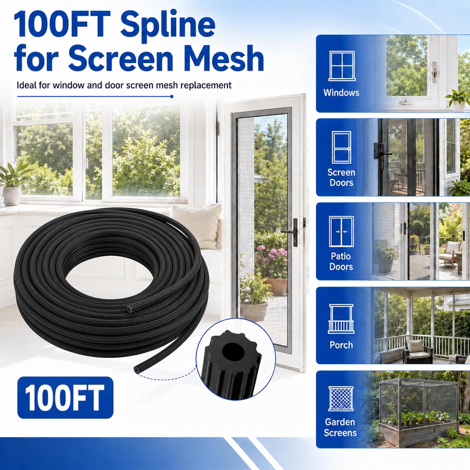 100ft Window Screen Spline, 0.125IN Screen Repair Spline, Serrated Hollow Core PE Material for Window and Door Screen Mesh Replacement, Spline for DIY Repair - Black