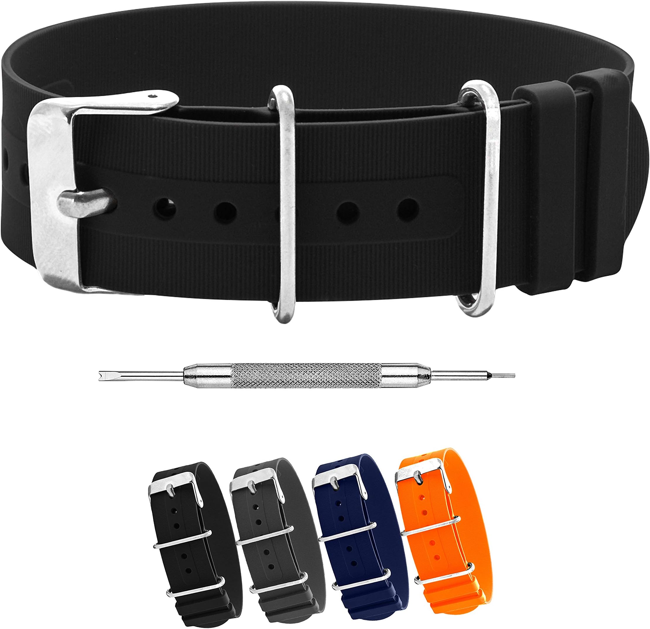 Silicone Watch Band - Single Pass Rubber Strap - 18mm, 20mm & 22mm - 4 Colors