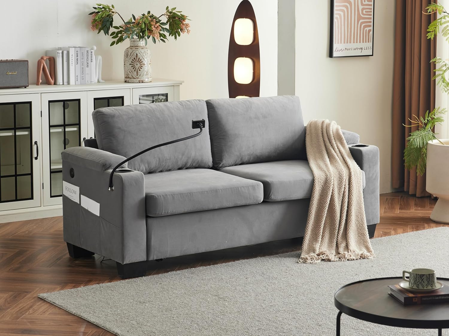 74'' Chenille Sleeper Sofa Couch with Pull Out Sofa Bed and Cup Holders, 2 in 1 Convertible Loveseat Futon Couches with USB and Type-C Charge Port, Sofas Beds for Living Room, Dark Grey